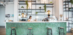 cafe area in the lounge, modern design, turquoise color panel